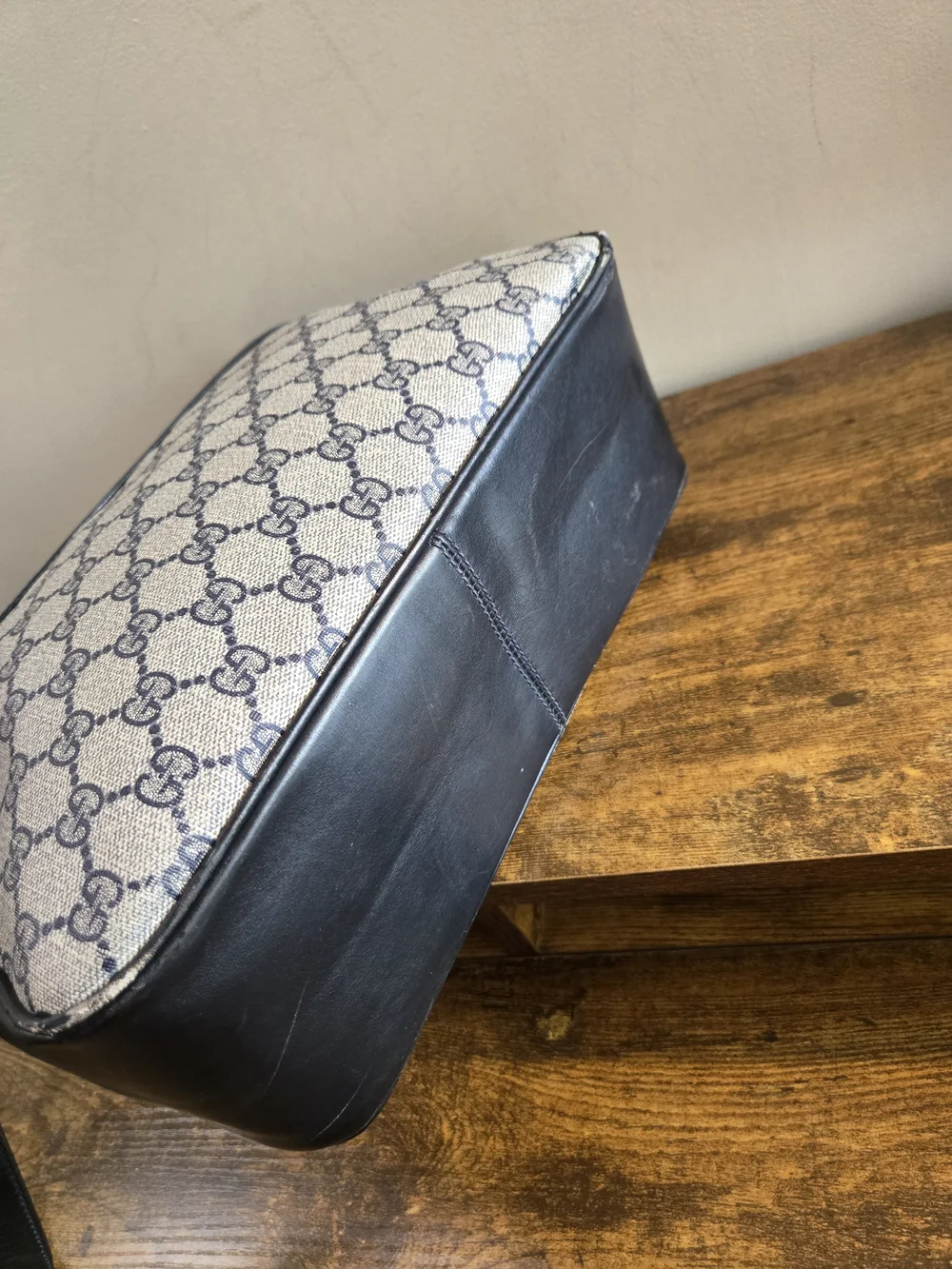 Gucci Vintage Black and Monogram Canvas Shoulder Bag